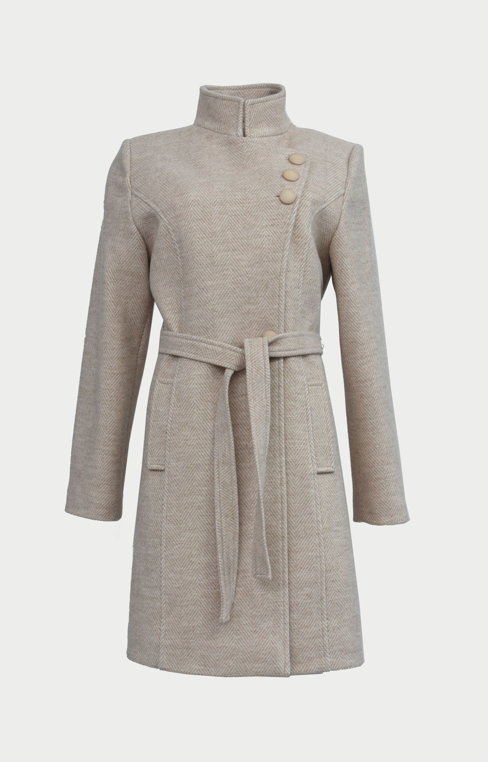 Ημίπαλτο ψαροκόκαλο μπεζ με ζώνη