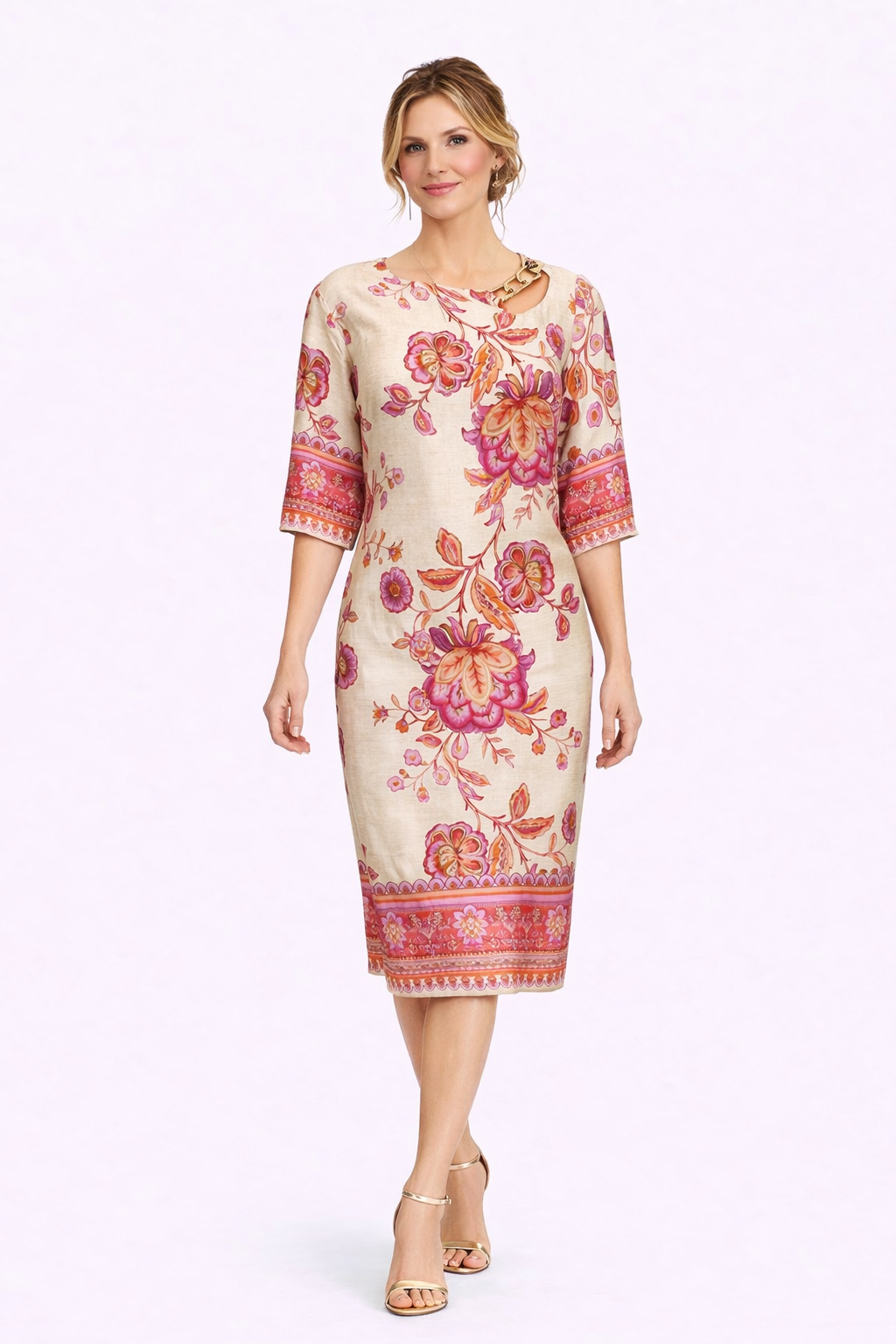 Φόρεμα εμπριμέ τρουακάρ μανίκια μπεζ ροζ