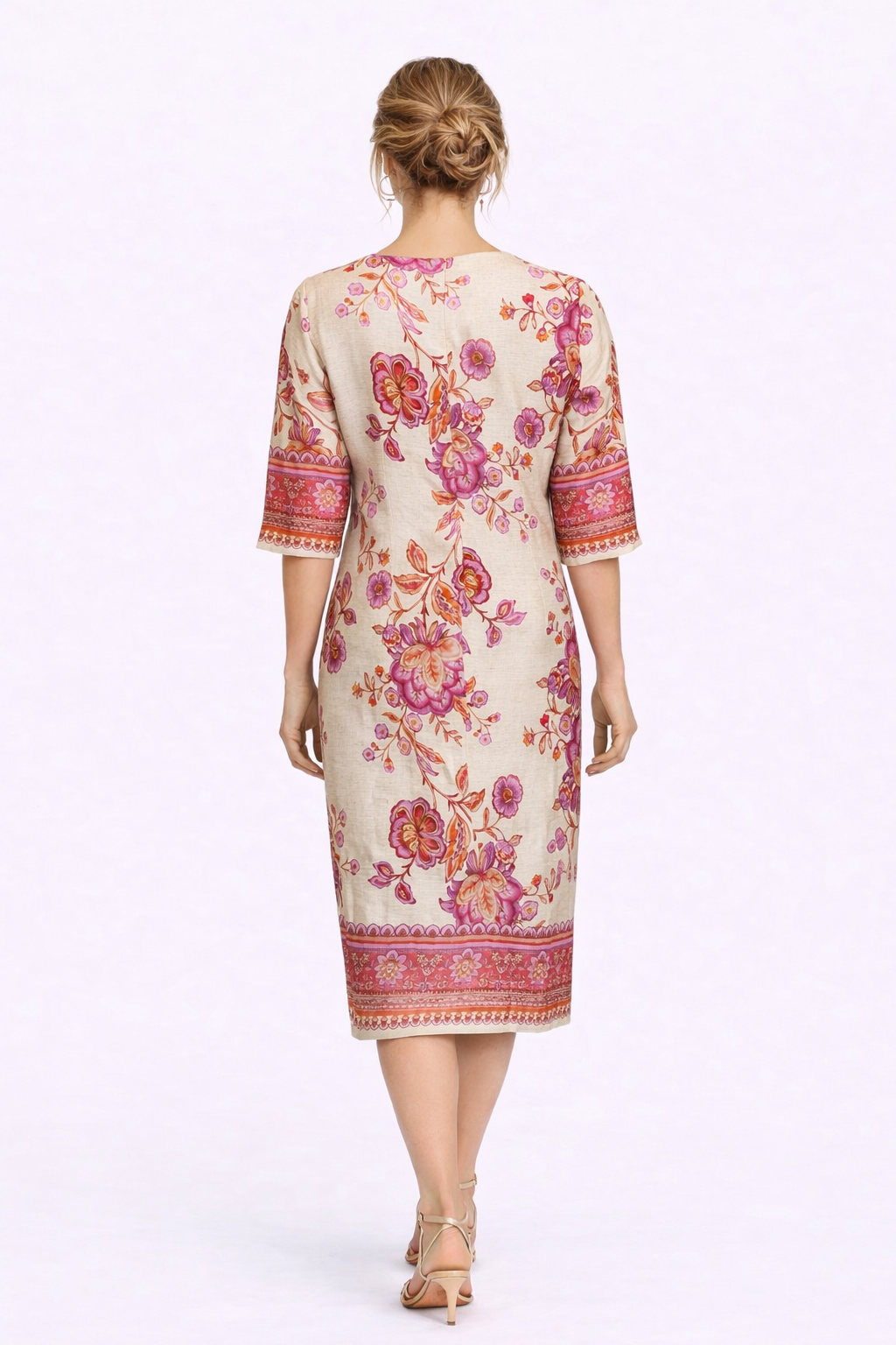 Φόρεμα εμπριμέ τρουακάρ μανίκια μπεζ ροζ