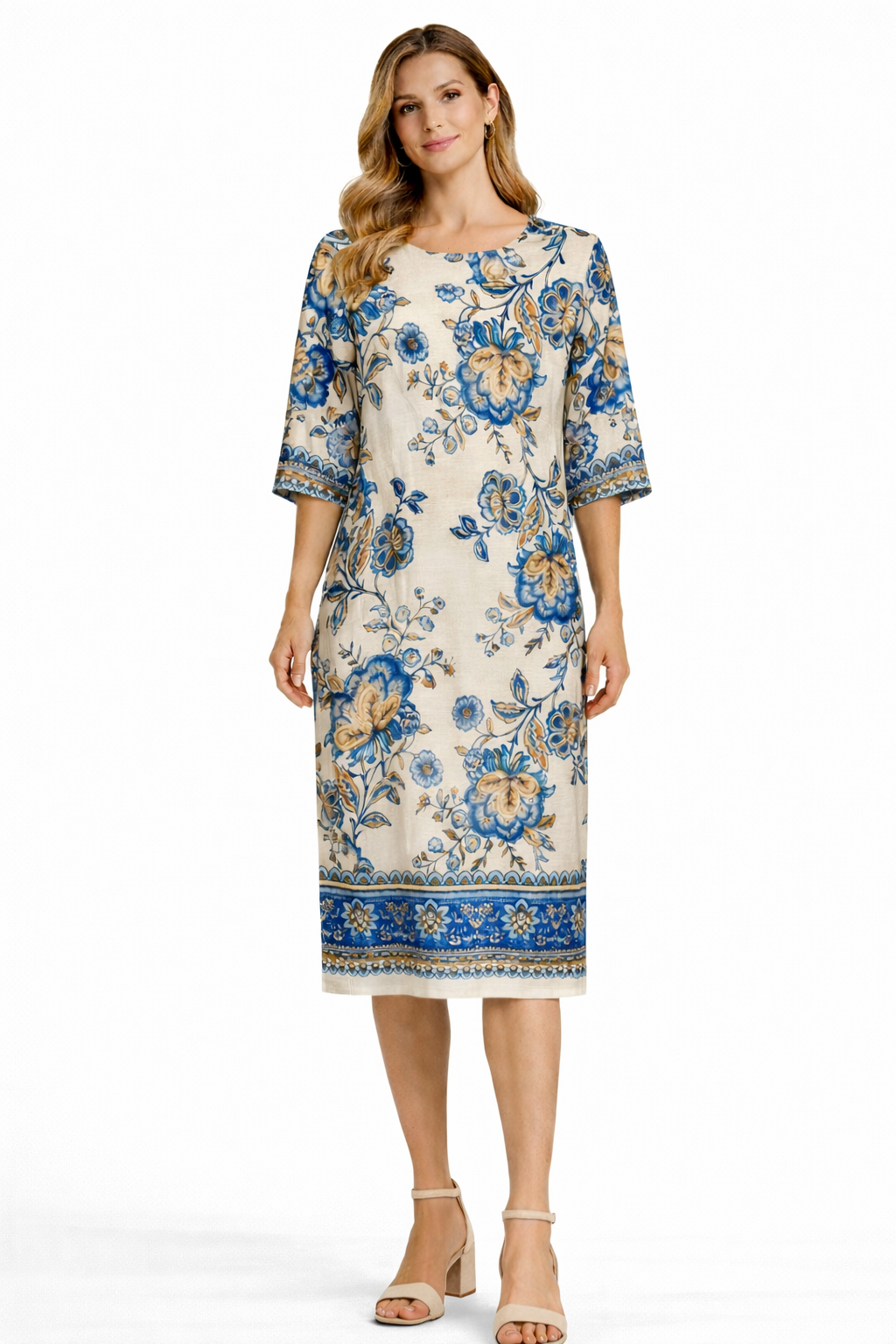 Φόρεμα εμπριμέ τρουακάρ μανίκια μπεζ