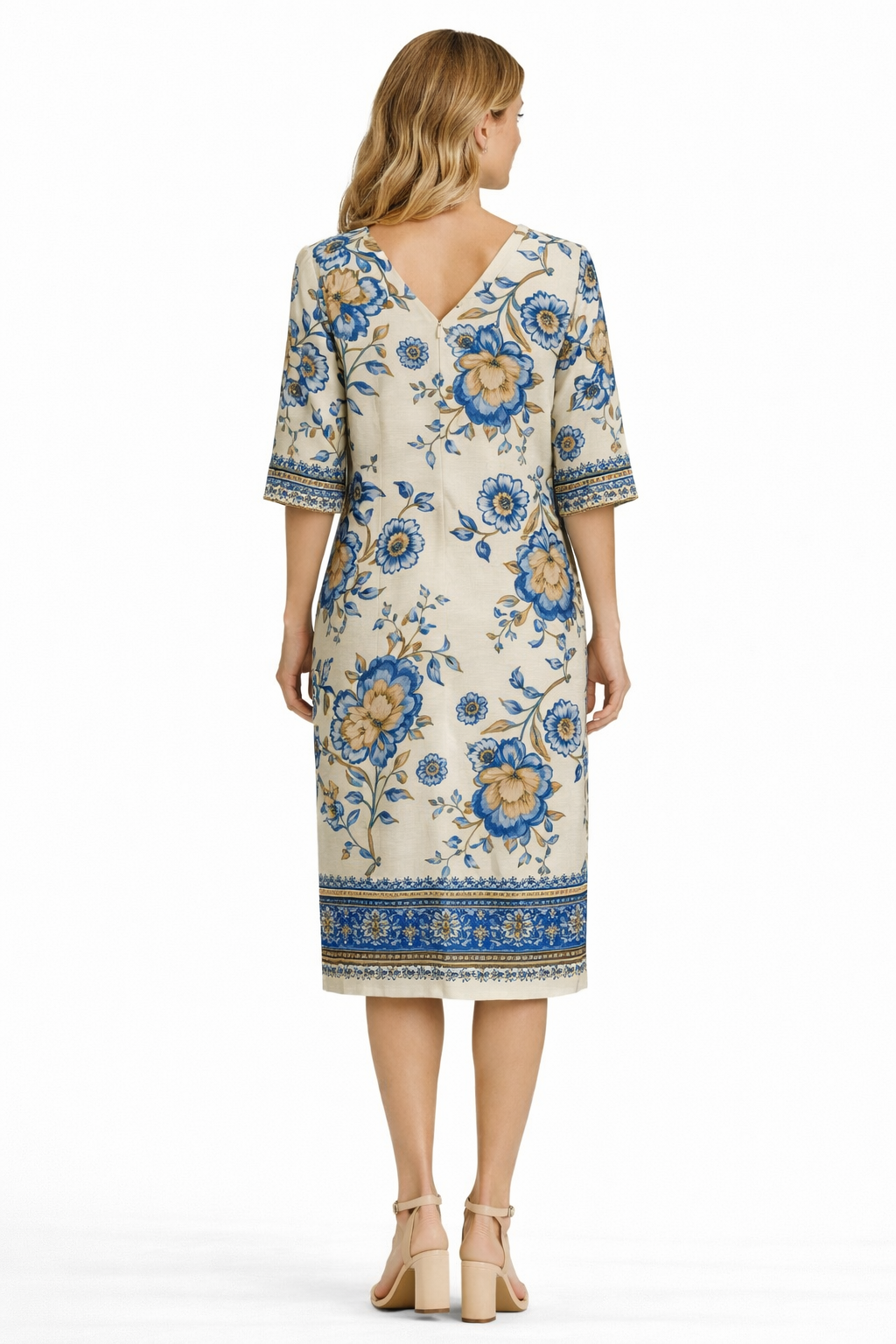 Φόρεμα εμπριμέ τρουακάρ μανίκια μπεζ