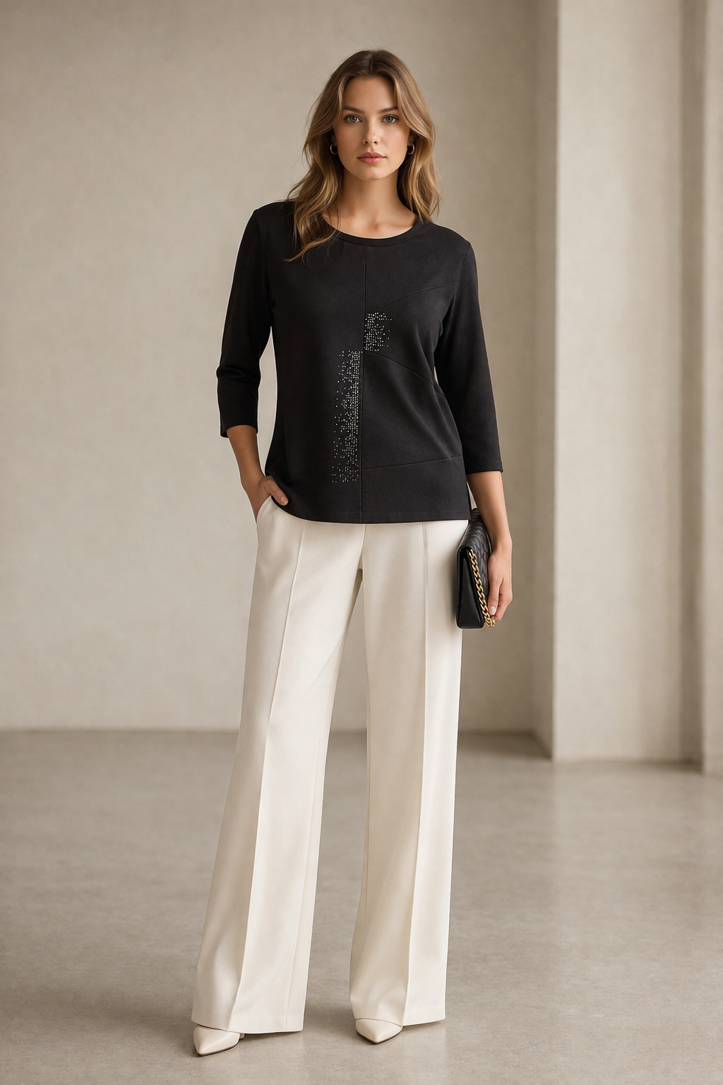 Μπλούζα βισκόζ με τρουακάρ μανίκια μαύρη