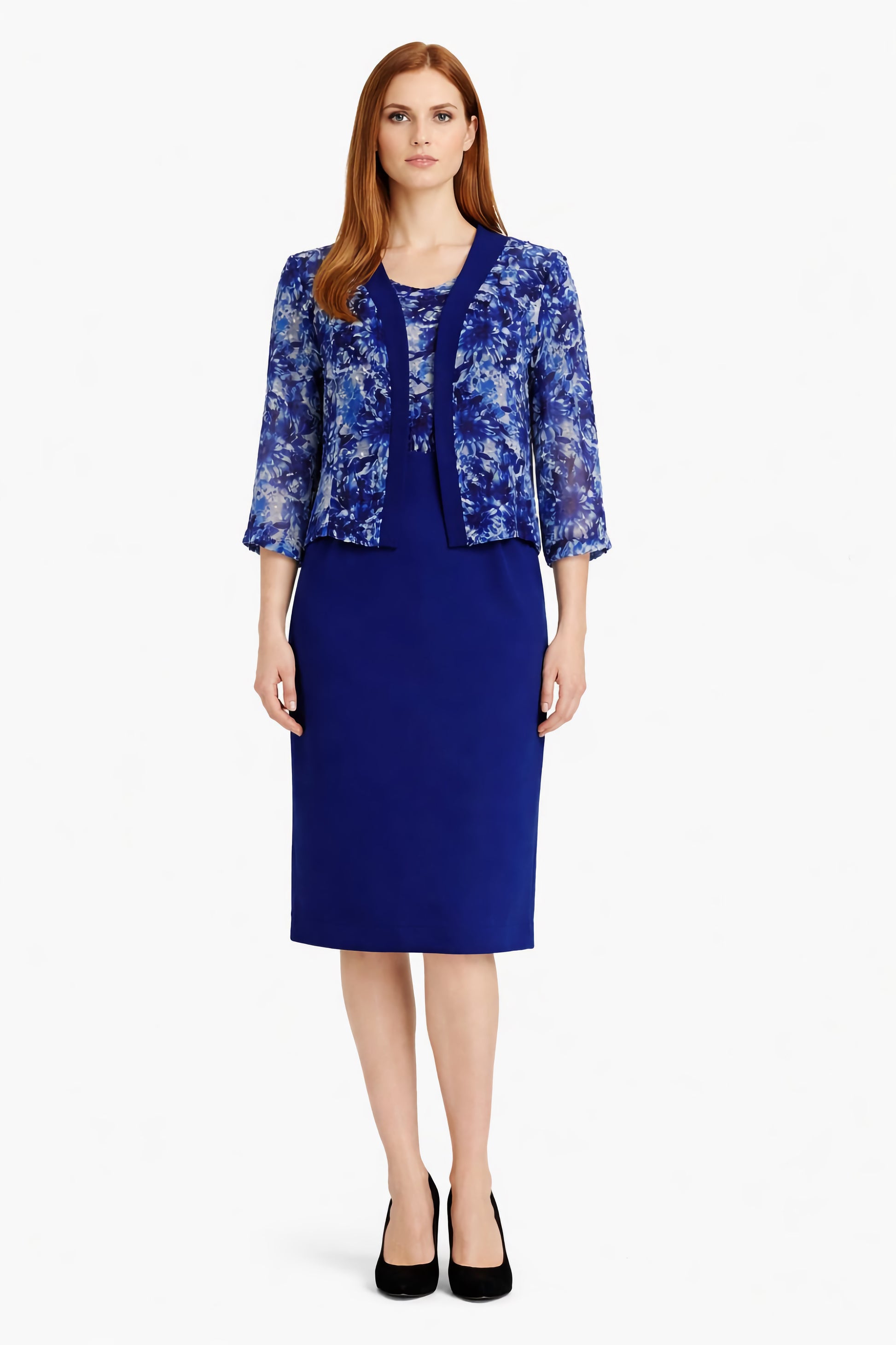 Σετ φόρεμα μπολέρο εμπριμέ μπλε ρουά