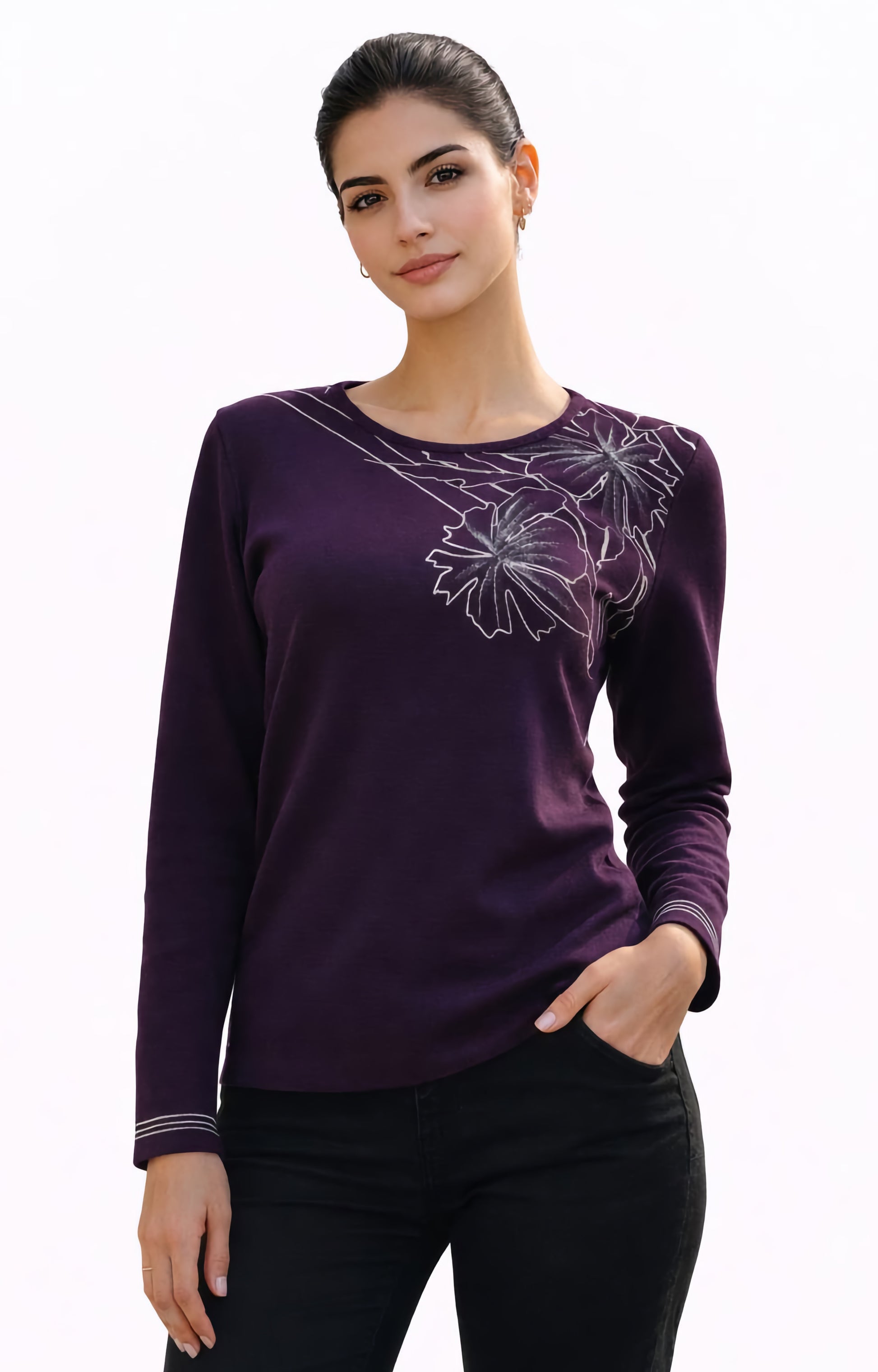 Μπλούζα πλεκτή μωβ με λουλούδι