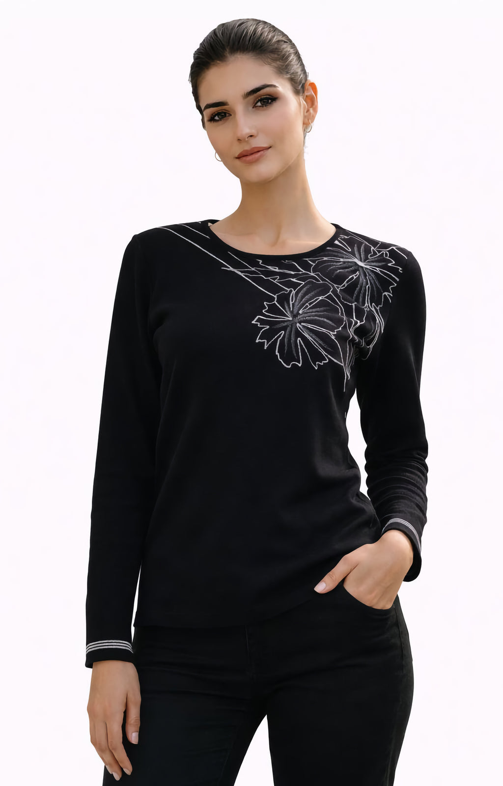 Μπλούζα πλεκτή μαύρη με λουλούδι