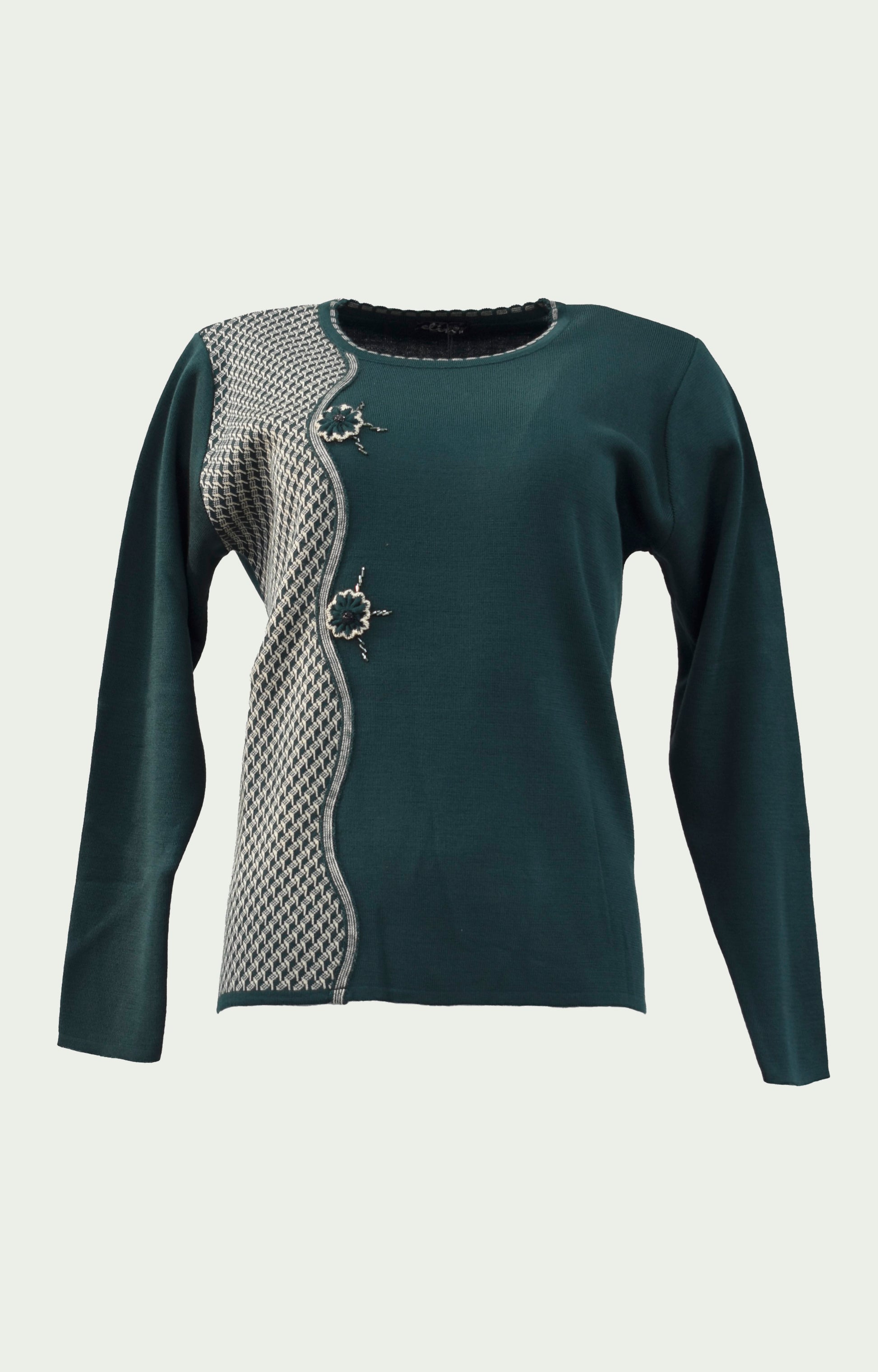 Μπλούζα πλεκτή πετρόλ με εκρού