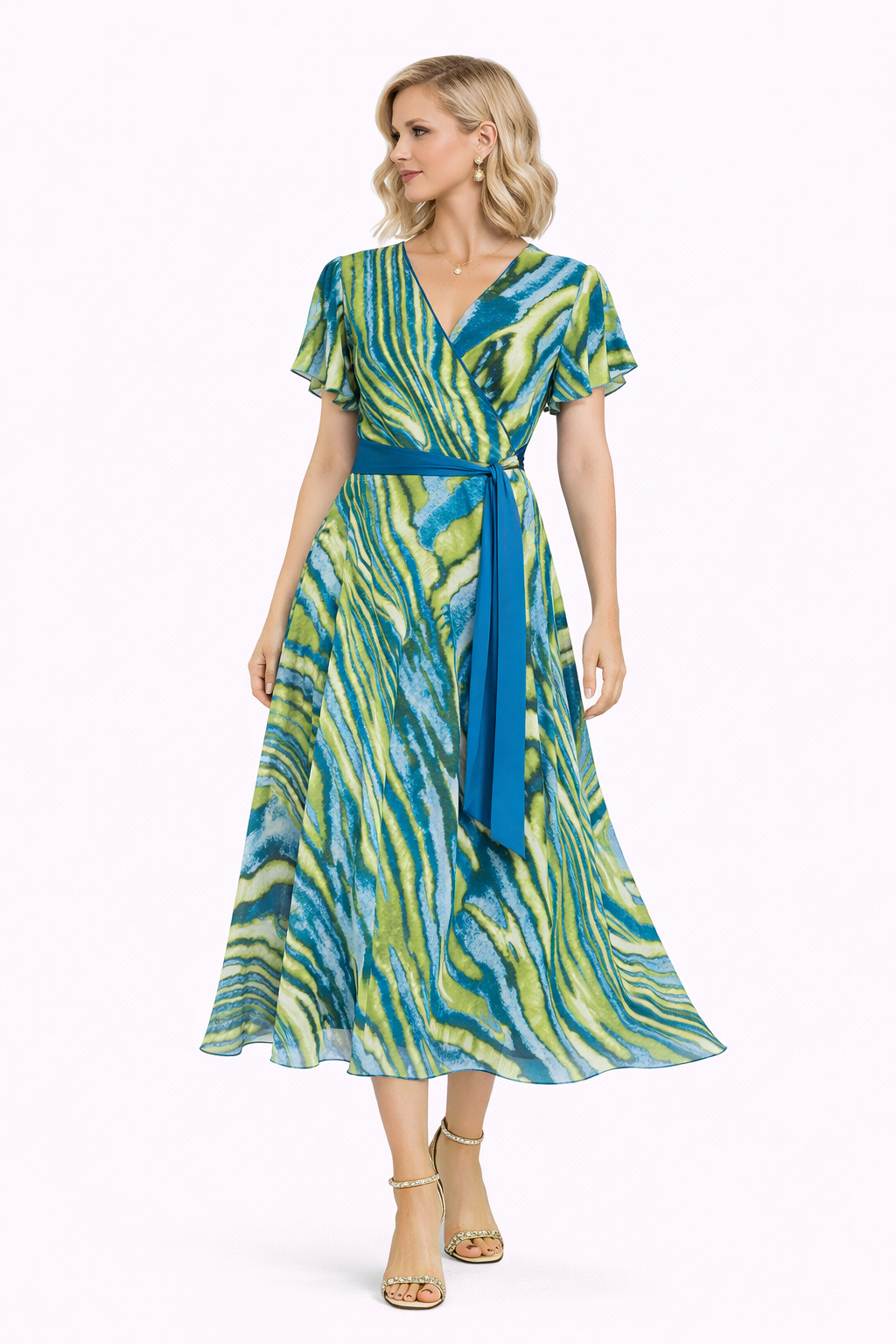 Φόρεμα ζορζέτα κρουαζέ εμπριμέ πράσινο