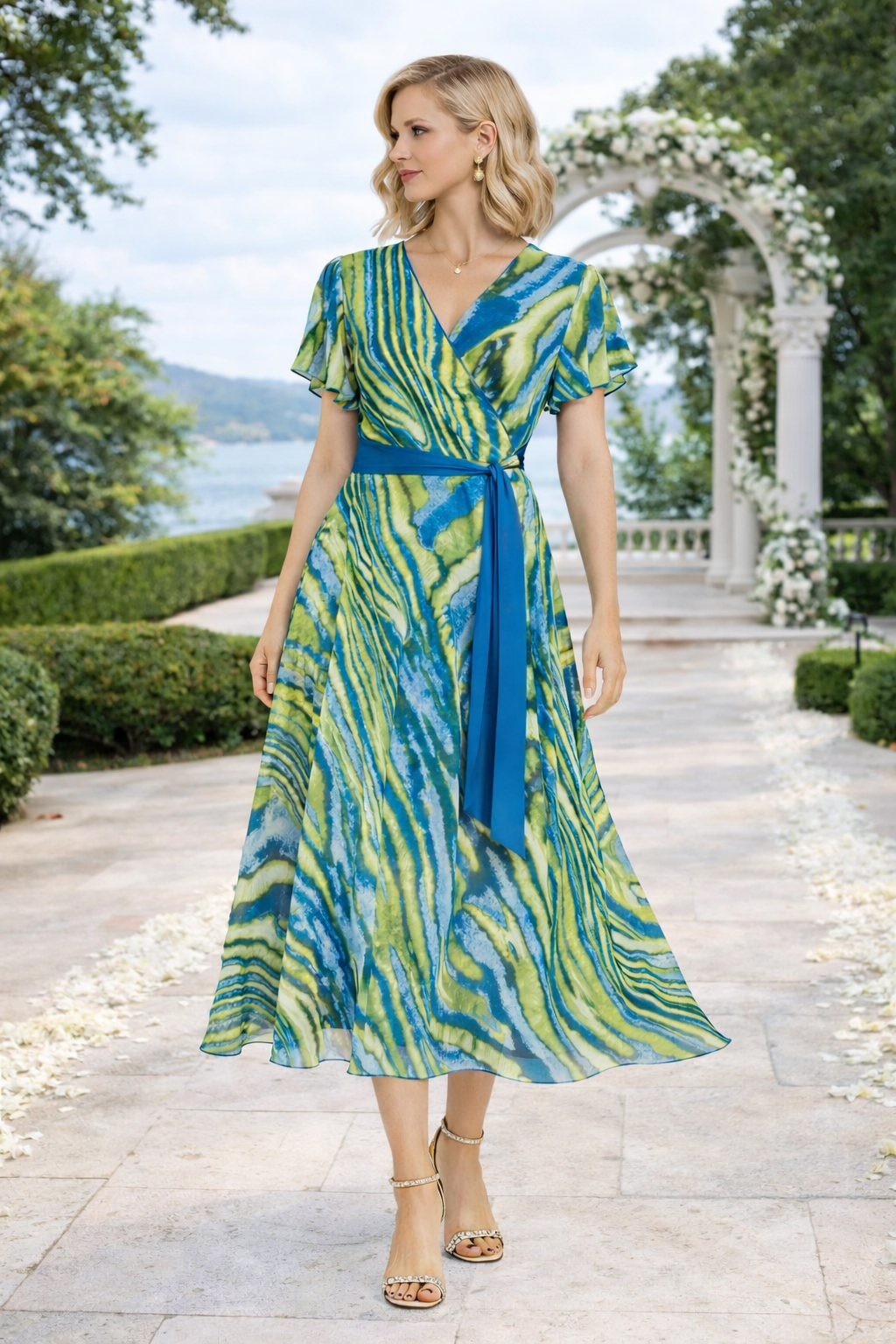 Φόρεμα ζορζέτα κρουαζέ εμπριμέ πράσινο