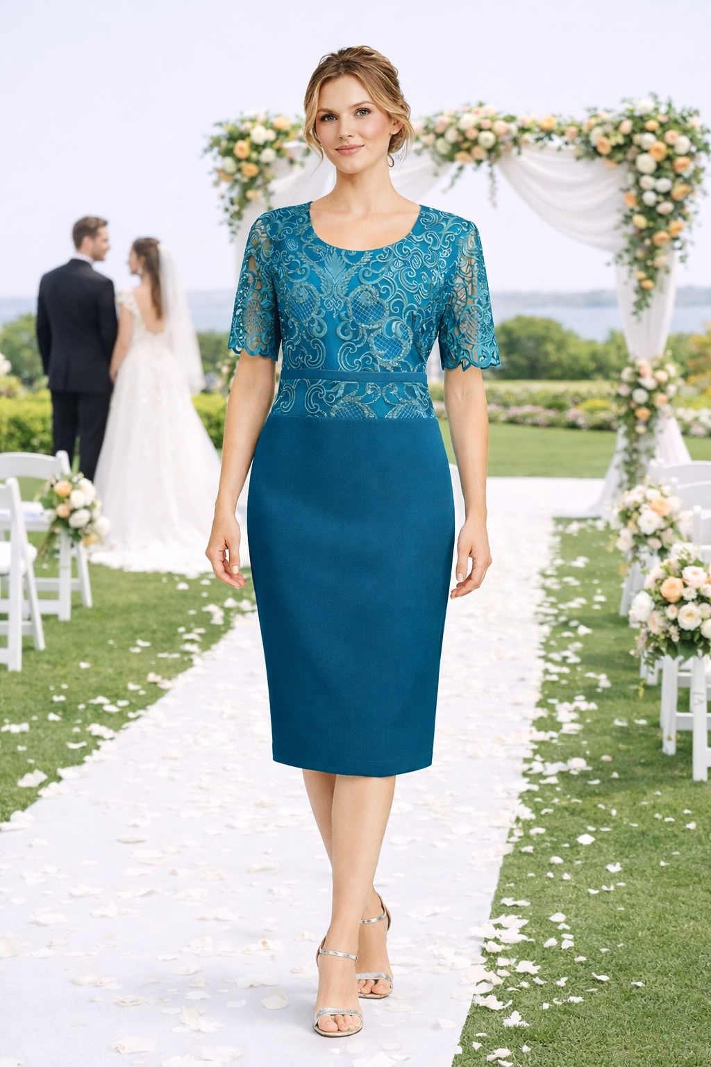 Φόρεμα  με δαντέλα πετρόλ