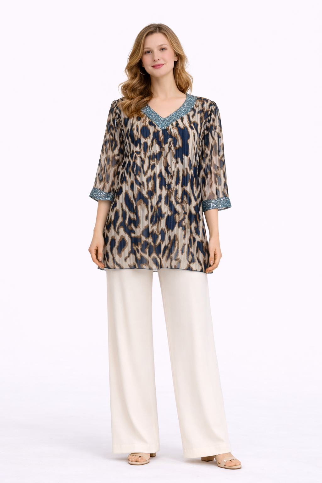 Μπλούζα ζορζέτα εμπριμέ πετρόλ