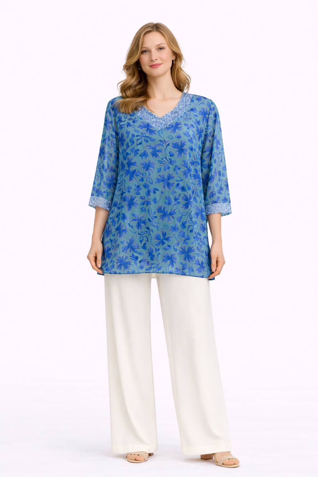 Μπλούζα ζορζέτα εμπριμέ θαλασσί